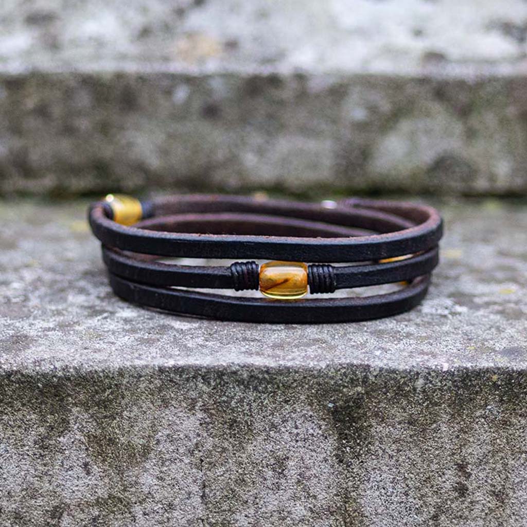 trinity3 bracelet - honey baltic amber & dark havana english bridle