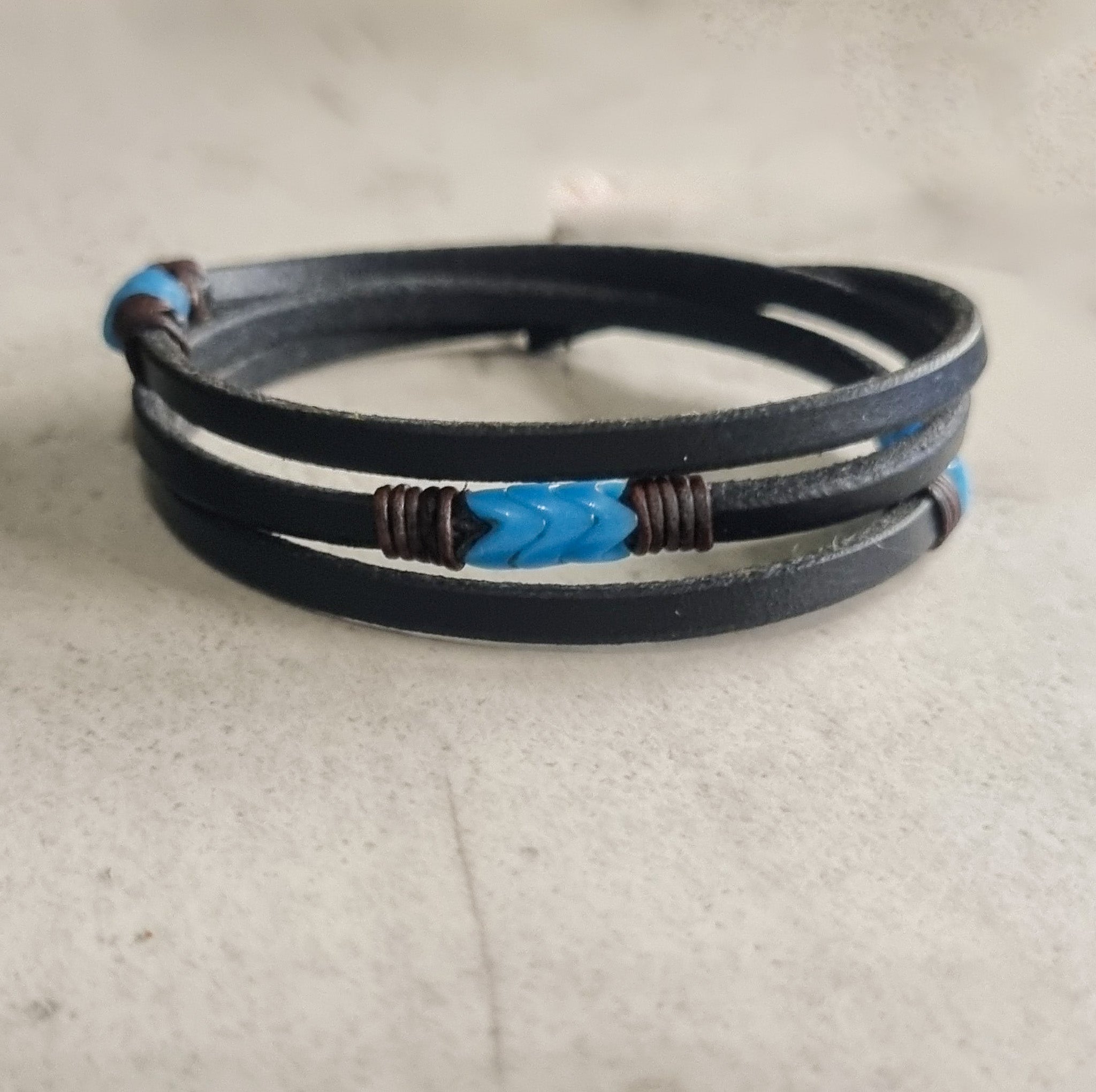 Trinity3 Bracelet - Vintage Blue Snake Vertebrae Beads & Black English Bridle