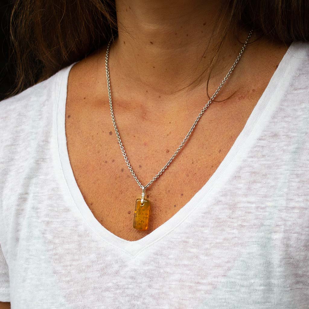 Amulet Necklace - Honey Baltic Amber With Recycled Sterling Silver Chain