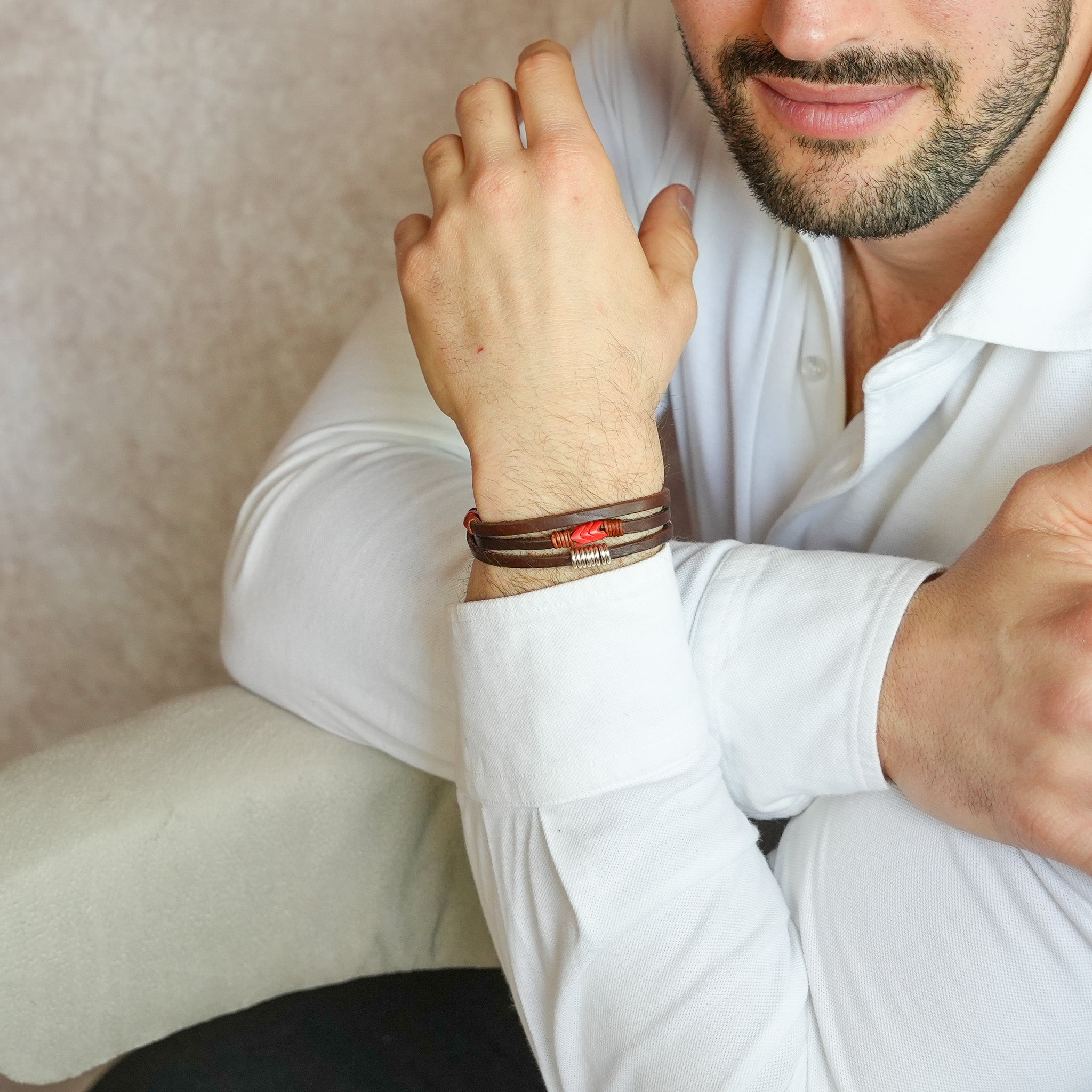 Trinity3 Bracelet - Vintage Coral Snake Vertebrae Beads & American Bison Leather