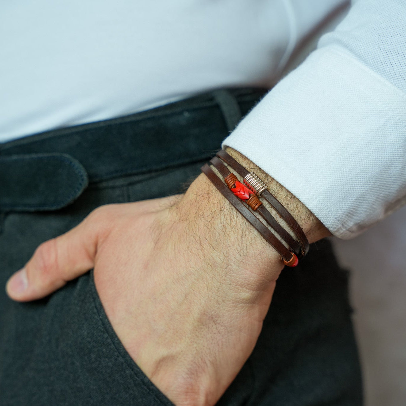 Trinity3 Bracelet - Vintage Coral Snake Vertebrae Beads & American Bison Leather