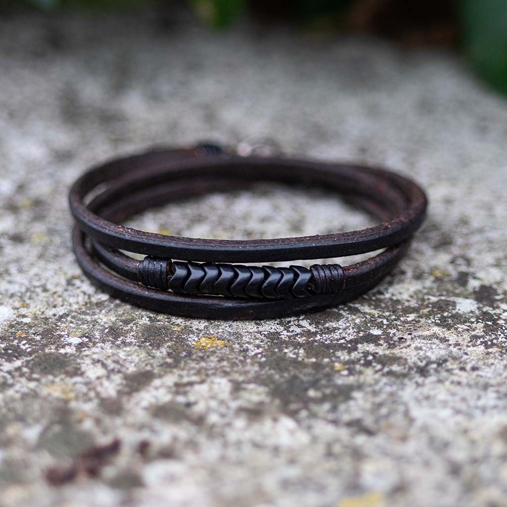 Trinity1 Bracelet - Vintage Black Snake Vertebrae Beads & Dark Havana English Bridle