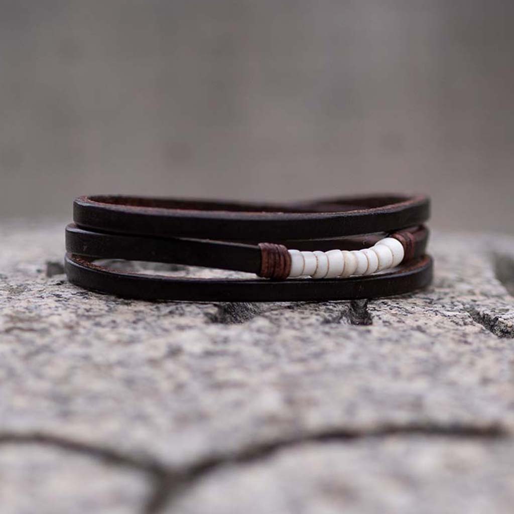 trinity1 bracelet - vintage white goomba beads & dark havana english bridle